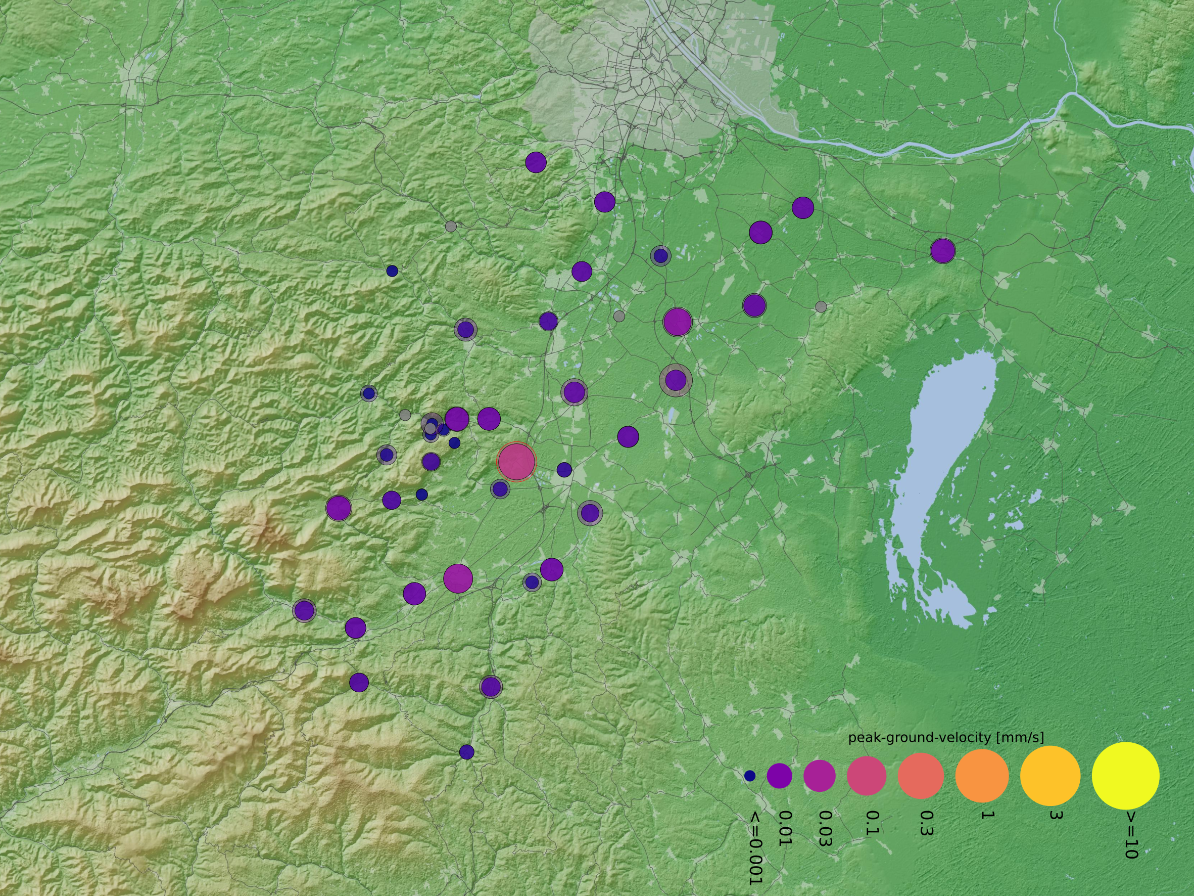 Map showing the region of the southern Viennese basin with circular markers showing the peak ground velocity of the stations of the MSS network.