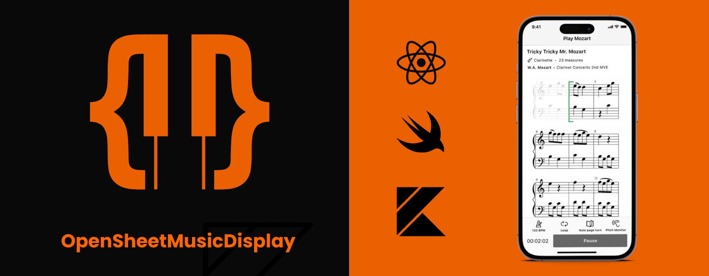 Logos von OSMD, React NAtive, Swift und Kotlin sowie Smartphone Screen mit Musiknoten