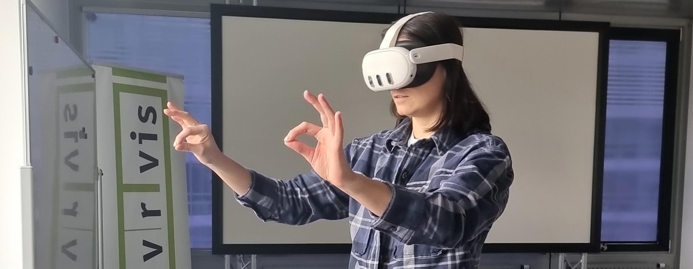 Woman wearing Meta Quest 3 virtual reality headset making pinching gestures in an office environment. 