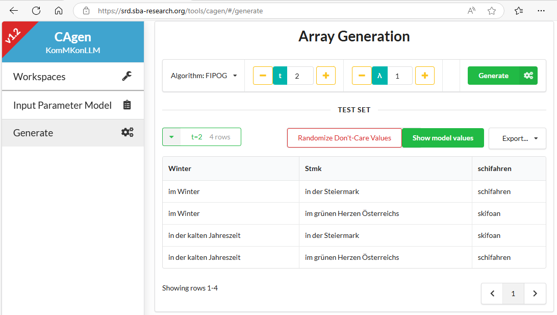 This image shows a screenshot of the generated pairwise test set for the sentence model used in this blog post by the web version of CAgen. 