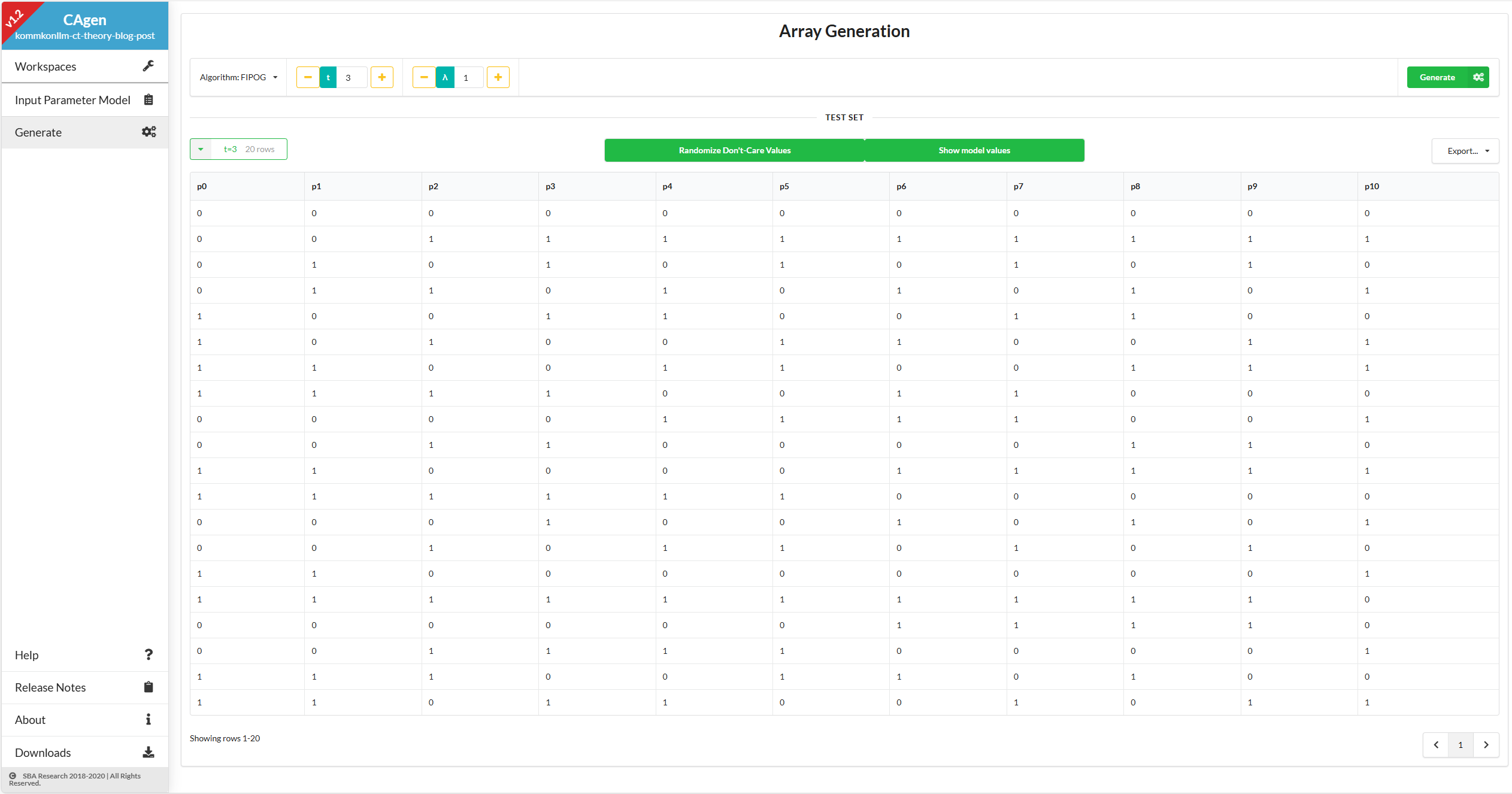 This picture shows a Covering Array in the web-version of CAgen.