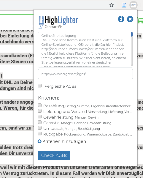 Ansicht der HighLighter Web Extension