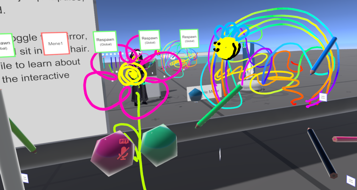 An immersive virtual environment filled with colorful 3D line drawings that look like a flower, a bee, and a rainbow.