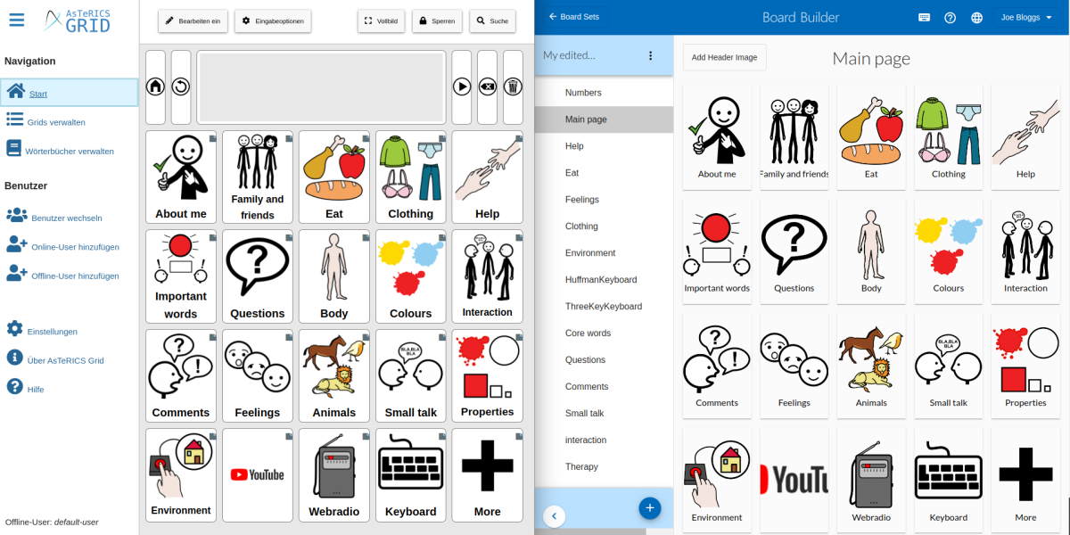 Abbildung 2: Kommunikationsraster in AsTeRICS Grid (links) und Board Builder (rechts)