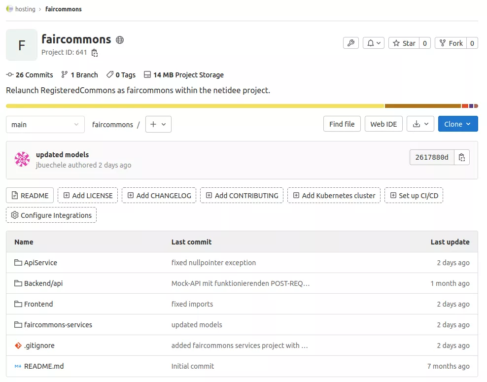 Screenshot faircommons Projekt im GitLab mit Repository