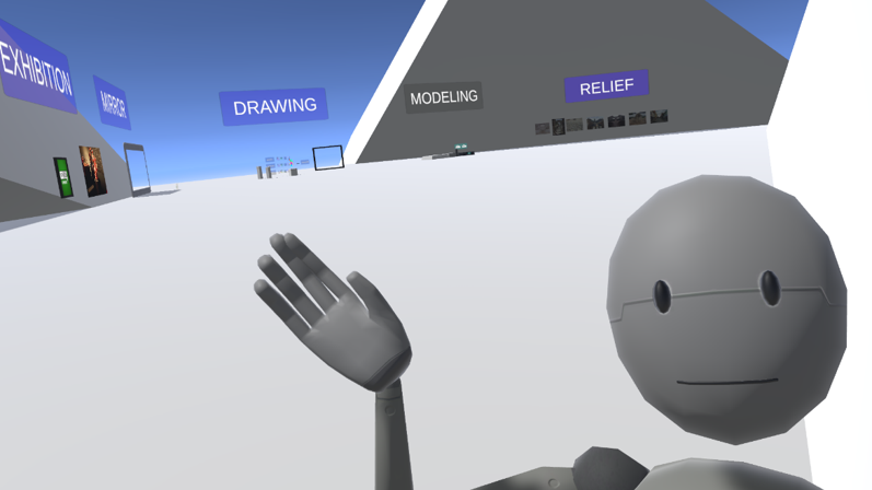 An avatar stands in a virtual room with the titles "Exhibition", "Mirror", "Drawing", "Modeling", and "Relief" indicating different areas of the room.