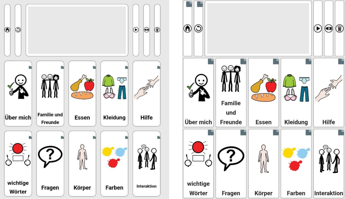 Vergleich von alter und neuer Bibliothek in AsTeRICS Grid, links alt, rechts neu. Die Neue Bibliothek bietet exaktere Positionierung und, der verfügbare Bildschirmplatz kann besser ausgenutzt werden und dynamische Einstellmöglichkeiten des Designs sind einfach zu implementieren.