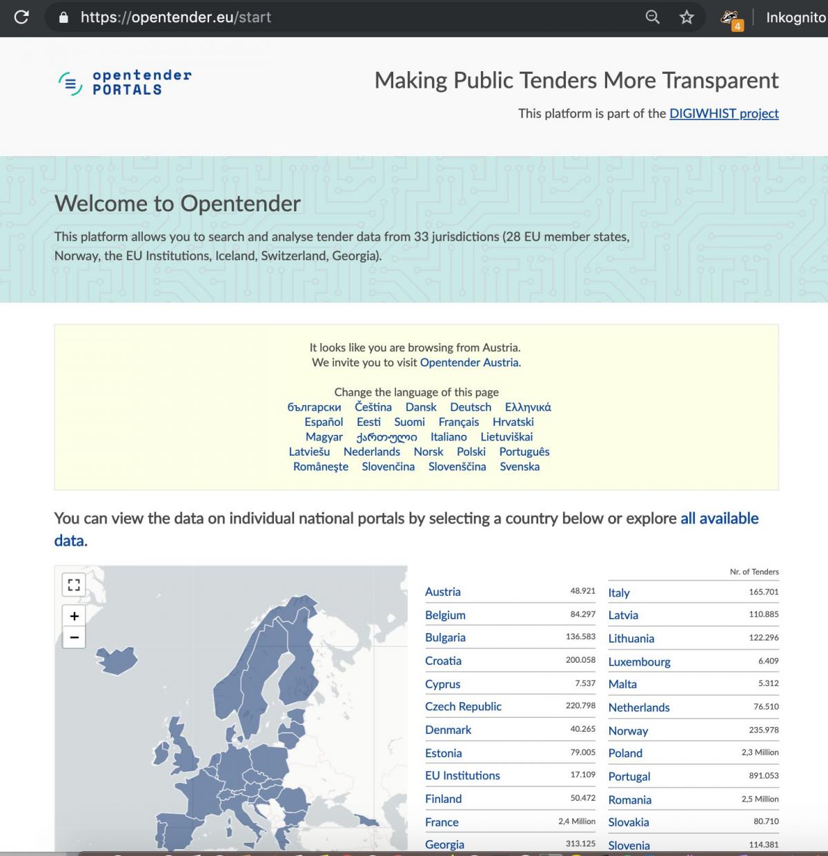 Frontpage von OpenTender.eu