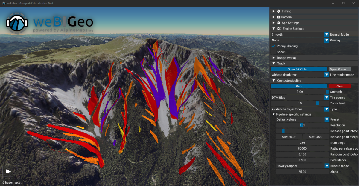 Visualisierung der Lawinen auf 3D-Karte