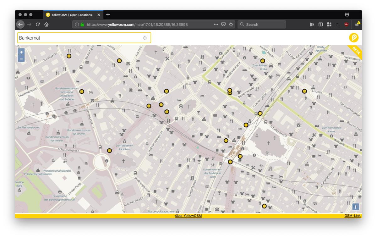 YellowOSM - Beispiel für eine Bankomatsuche