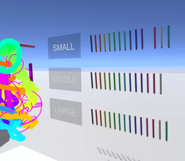 Bunte 3D-Zeichnung in einem virtuellen Raum und Bleistifte in verschiedenen Farben.