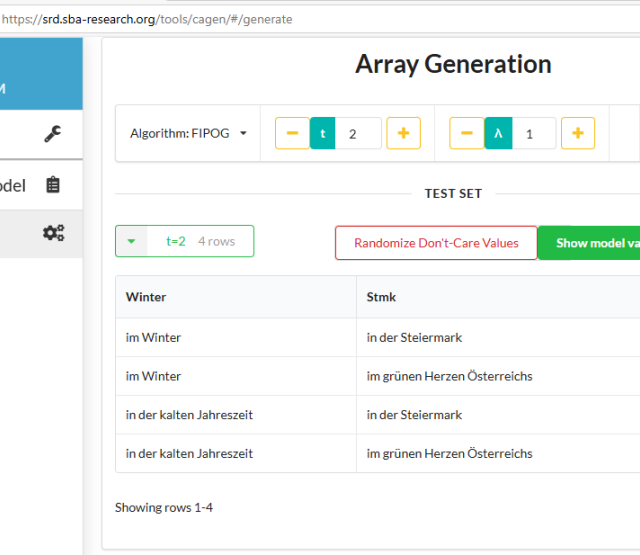 This image shows a screenshot of the generated pairwise test set for the sentence model used in this blog post by the web version of CAgen. 