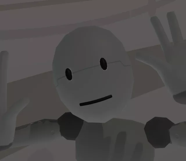 A friendly-looking humanoid robot with a simple face, featuring two black oval eyes and a small smile. The robot has its hands raised in front of it, palms facing outward, as if waving. The background is abstract and softly lit.